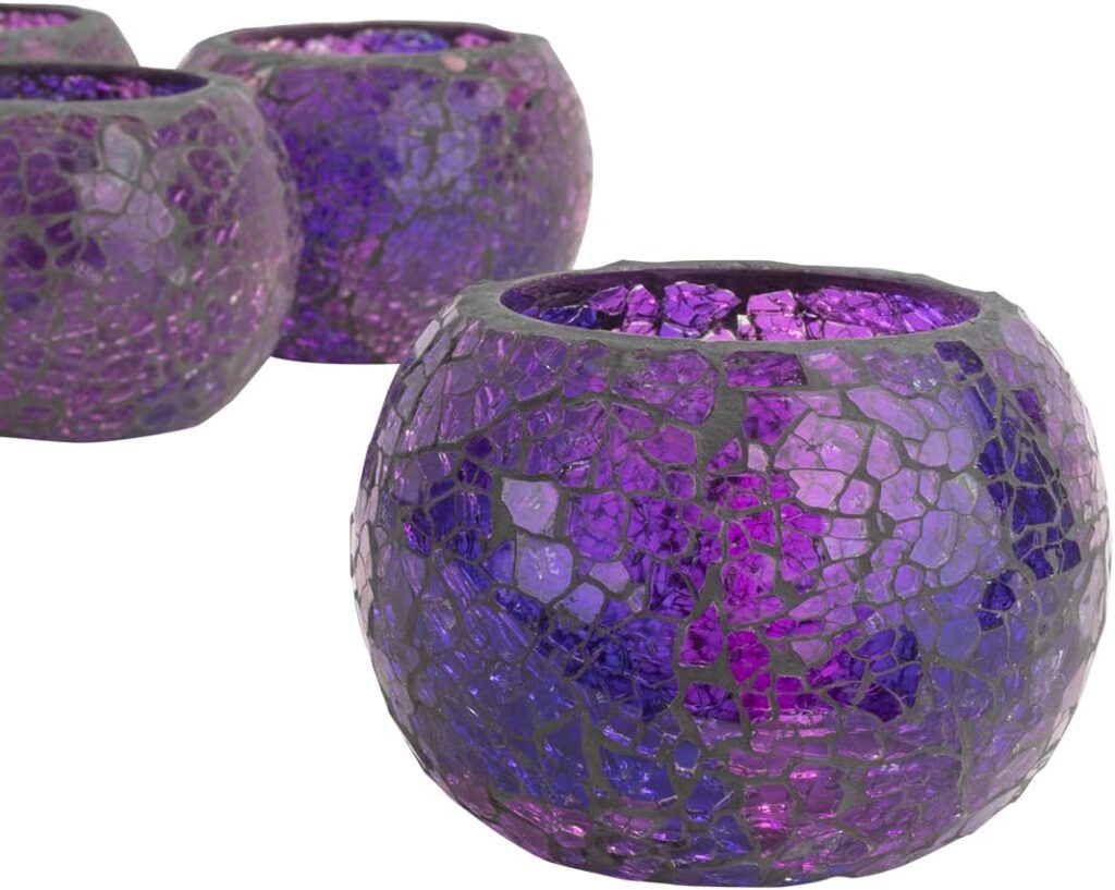 Koyal Wholesale 4 Round Mosaic Votive Candle Holders 4-Pack Bulk Tealight Holders, Hurricane Vases, Tablescapes, Wedding, Home Decor, Office, Restaurant, Table Setting Decorat (Purple, 4) Koyal Wholesale 4 Round Mosaic Votive Candle Holders 4-Pack Bulk Tealight Holders, Hurricane Vases, Tablescapes, Wedding, Home Decor, Office, Restaurant, Table Setting Decorat (Purple, 4)