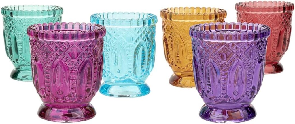 Koyal Wholesale Jewel Tone Votive Vintage Glass Candle Holders, 6-Pack, Multicolor Jewel Candle Set of Votives Koyal Wholesale Jewel Tone Votive Vintage Glass Candle Holders, 6-Pack, Multicolor Jewel Candle Set of Votives