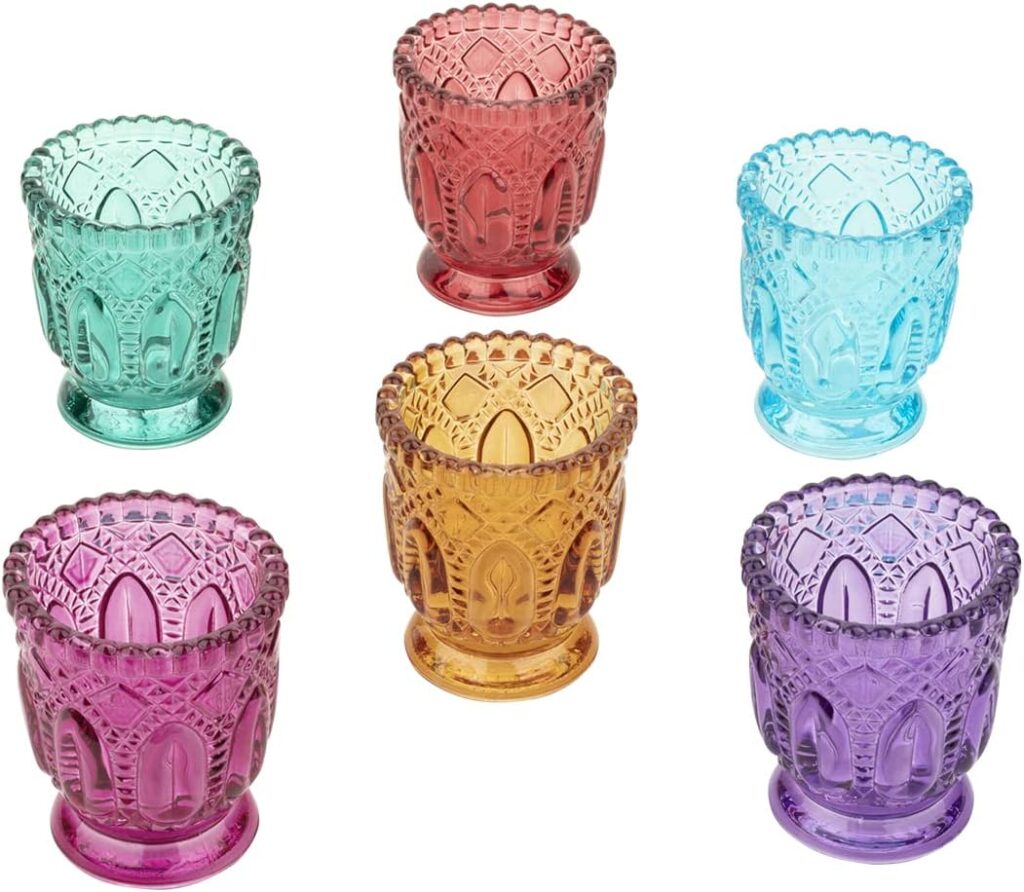 Koyal Wholesale Jewel Tone Votive Vintage Glass Candle Holders, 6-Pack, Multicolor Jewel Candle Set of Votives Koyal Wholesale Jewel Tone Votive Vintage Glass Candle Holders, 6-Pack, Multicolor Jewel Candle Set of Votives