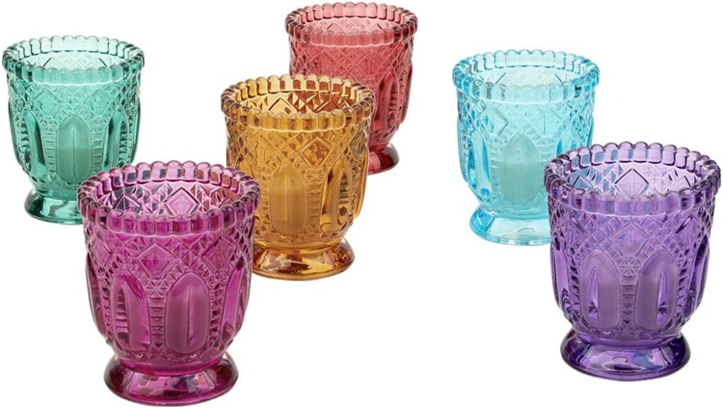 Koyal Wholesale Jewel Tone Votive Vintage Glass Candle Holders, 6-Pack, Multicolor Jewel Candle Set of Votives Koyal Wholesale Jewel Tone Votive Vintage Glass Candle Holders, 6-Pack, Multicolor Jewel Candle Set of Votives