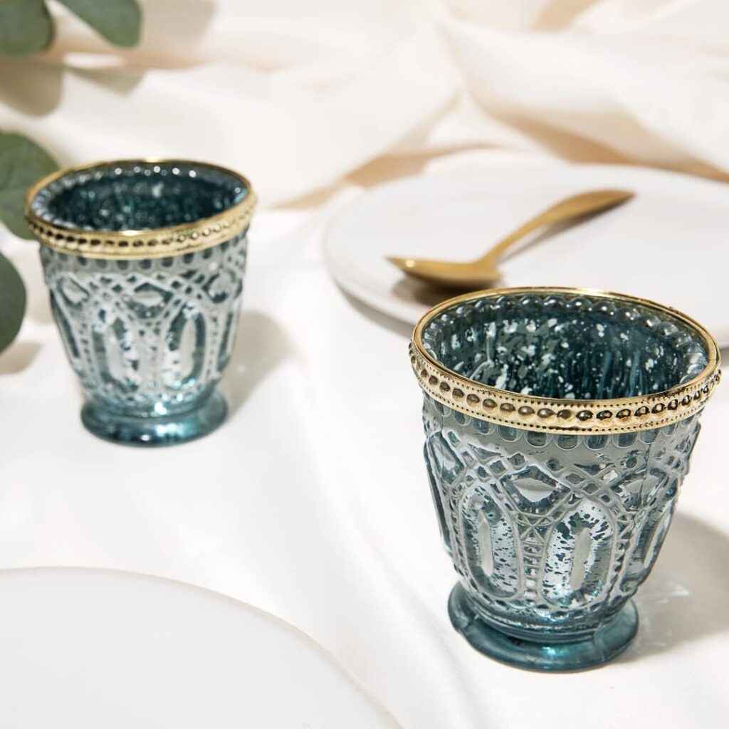 Koyal Wholesale Shabby Chic Vintage Glass Votive Candle Holders Beaded Rim Set of 6, Antique Bulk Tealight Holders, Tablescapes, Wedding, Home Decor, Restaurant (Frosted Blue with Gold Rim) Koyal Wholesale Shabby Chic Vintage Glass Votive Candle Holders Beaded Rim Set of 6, Antique Bulk Tealight Holders, Tablescapes, Wedding, Home Decor, Restaurant (Frosted Blue with Gold Rim)