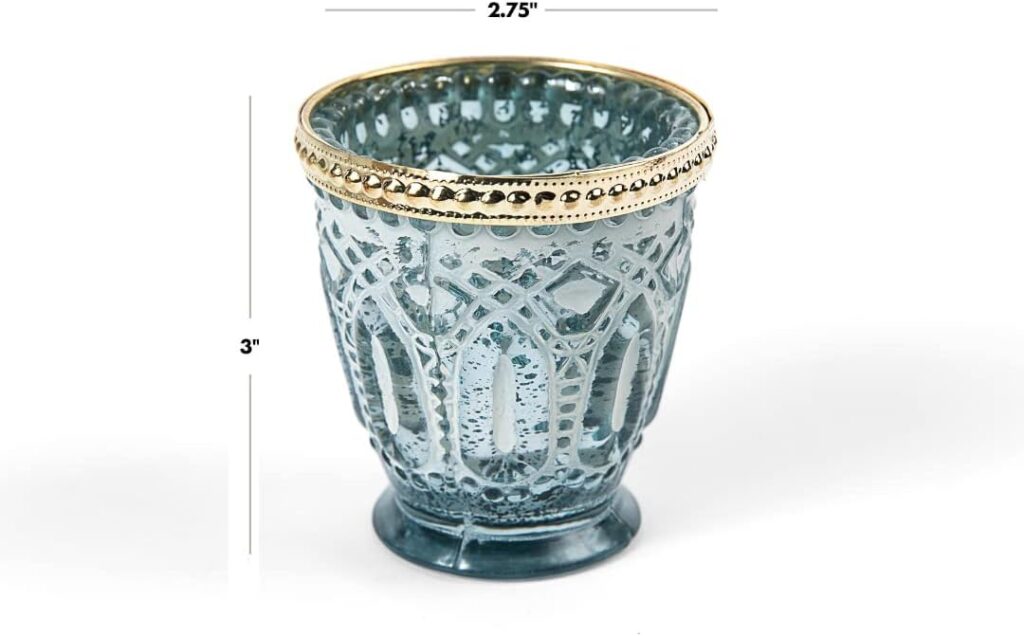 Koyal Wholesale Shabby Chic Vintage Glass Votive Candle Holders Beaded Rim Set of 6, Antique Bulk Tealight Holders, Tablescapes, Wedding, Home Decor, Restaurant (Frosted Blue with Gold Rim) Koyal Wholesale Shabby Chic Vintage Glass Votive Candle Holders Beaded Rim Set of 6, Antique Bulk Tealight Holders, Tablescapes, Wedding, Home Decor, Restaurant (Frosted Blue with Gold Rim)