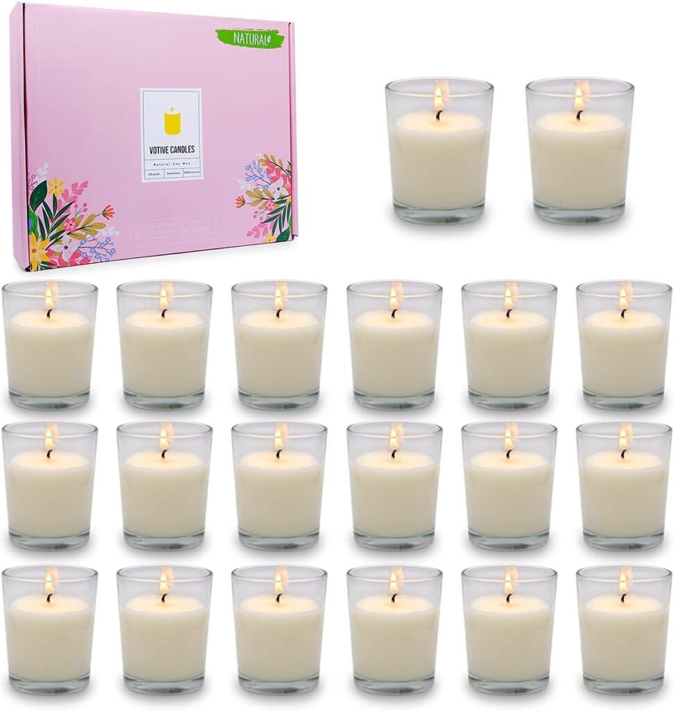 15 Hour Unscented White Votive Candles in Glass, 20 Packs Soy Wax Candles for Wedding Table Home Spa Holidays Party 15 Hour Unscented White Votive Candles in Glass, 20 Packs Soy Wax Candles for Wedding Table Home Spa Holidays Party