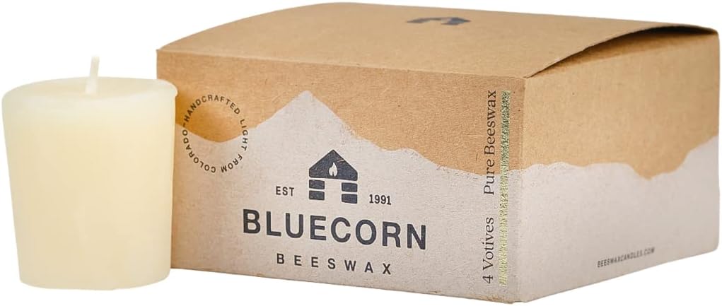 Bluecorn Beeswax 100% Pure Beeswax Votive Candles | Natural Beeswax Candles, Ivory White Beeswax Votives, 4-Pack | Long Burn (12+ Hours) | Soy, Paraffin,  Fragrance Free | Handmade in Colorado