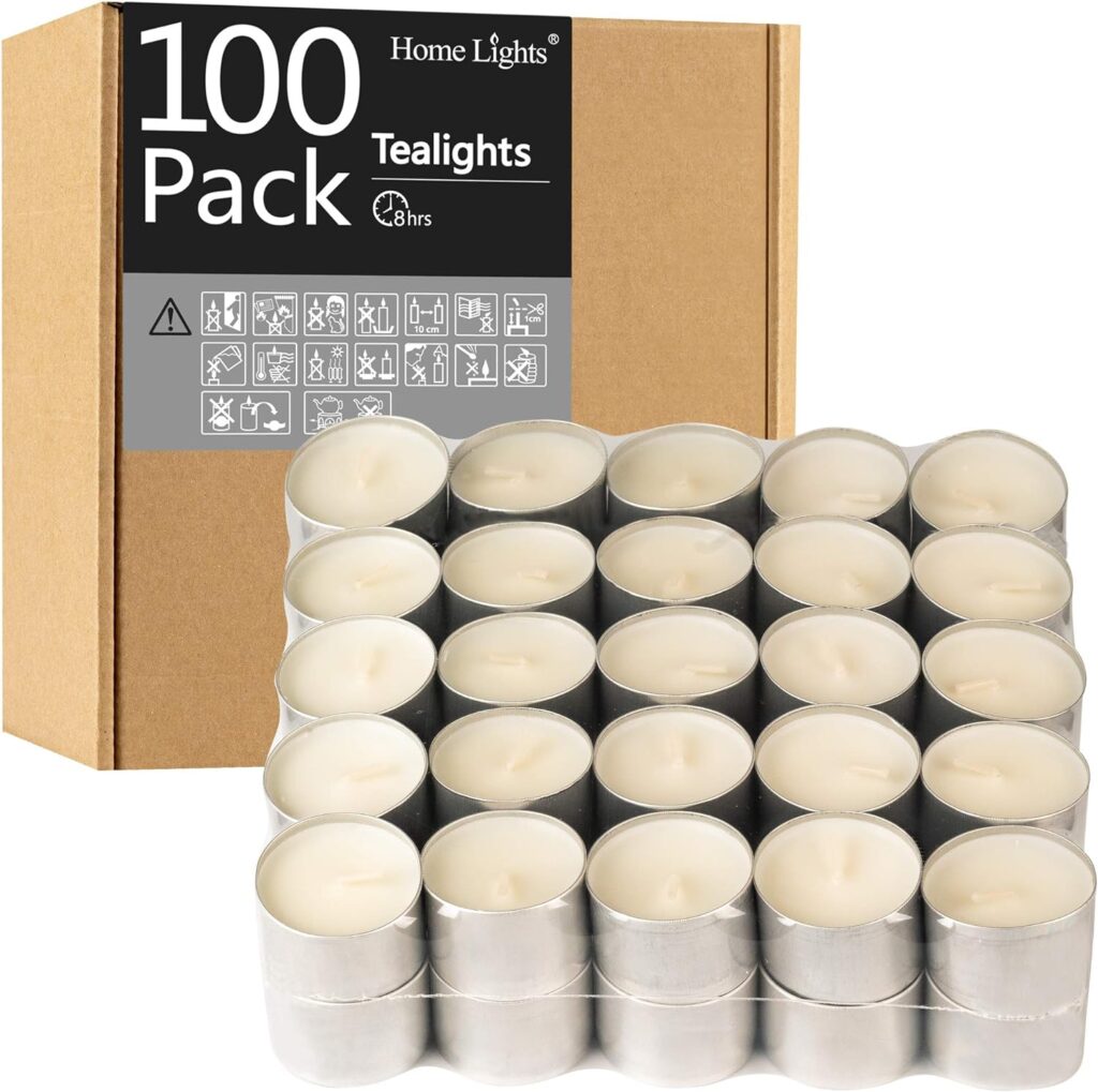 HomeLights Tealight Candles - 8 Hour Long time Burning, Giant 100,200,300 Packs -White Votive Smokeless European Tea Light Unscented Candles for Shabbat, Weddings, Christmas,Home Decorative -100 Pack HomeLights Tealight Candles - 8 Hour Long time Burning, Giant 100,200,300 Packs -White Votive Smokeless European Tea Light Unscented Candles for Shabbat, Weddings, Christmas,Home Decorative -100 Pack