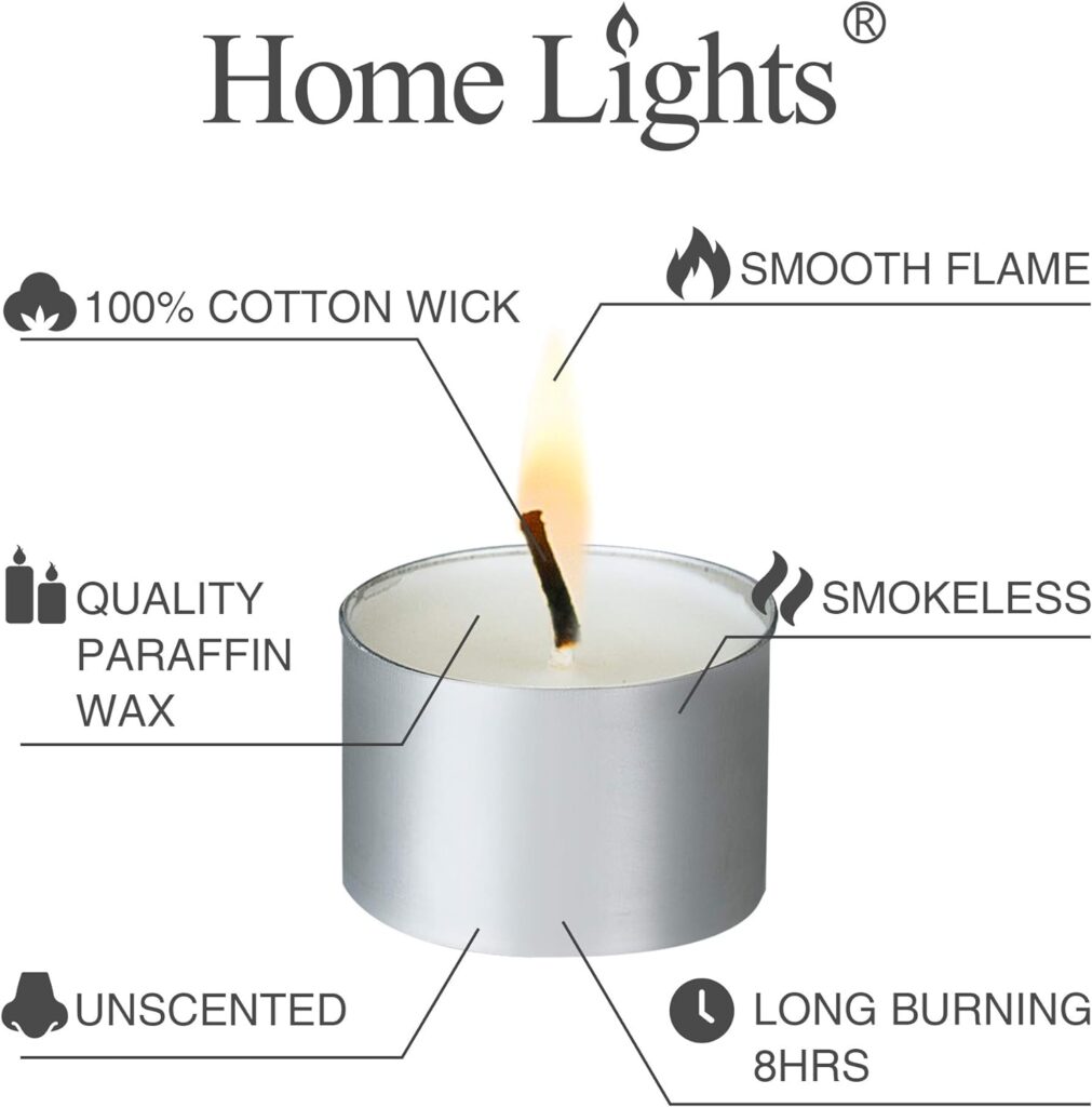 HomeLights Tealight Candles - 8 Hour Long time Burning, Giant 100,200,300 Packs -White Votive Smokeless European Tea Light Unscented Candles for Shabbat, Weddings, Christmas,Home Decorative -100 Pack HomeLights Tealight Candles - 8 Hour Long time Burning, Giant 100,200,300 Packs -White Votive Smokeless European Tea Light Unscented Candles for Shabbat, Weddings, Christmas,Home Decorative -100 Pack