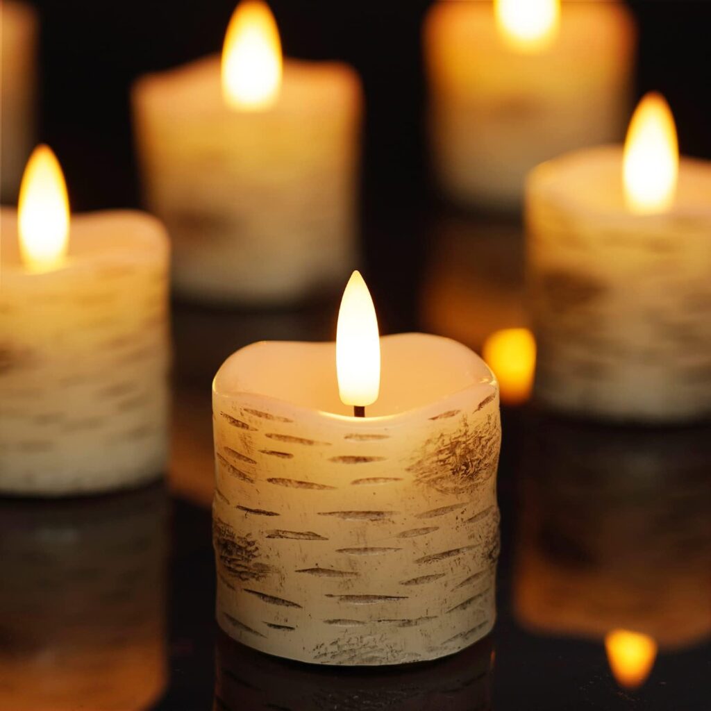 Homemory Flameless Votive Candles with Timer, 2 x 2 Birch Bark Real Wax, 400+Hour Realistic Black Wick Battery Operated Fake Candles, 6 Pack for Wedding, Party and Holiday Decoration