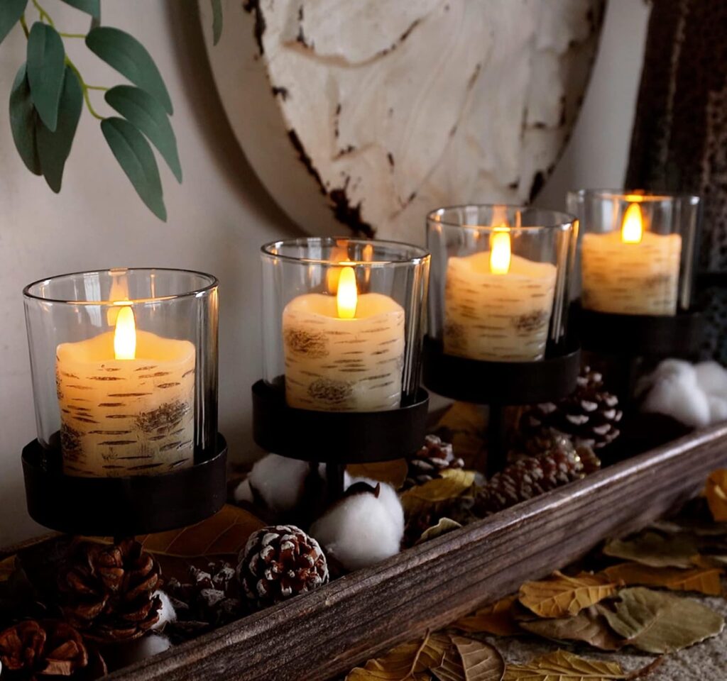 Homemory Flameless Votive Candles with Timer, 2 x 2 Birch Bark Real Wax, 400+Hour Realistic Black Wick Battery Operated Fake Candles, 6 Pack for Wedding, Party and Holiday Decoration