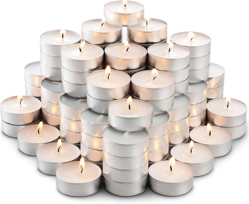 MontoPack Mini Tealight Candles in Bulk | 100 White, Small Votive Smokeless, Dripless  Long Lasting Paraffin Candles | for Home, Pool, Shabbat, Weddings  Emergencies, Unscented