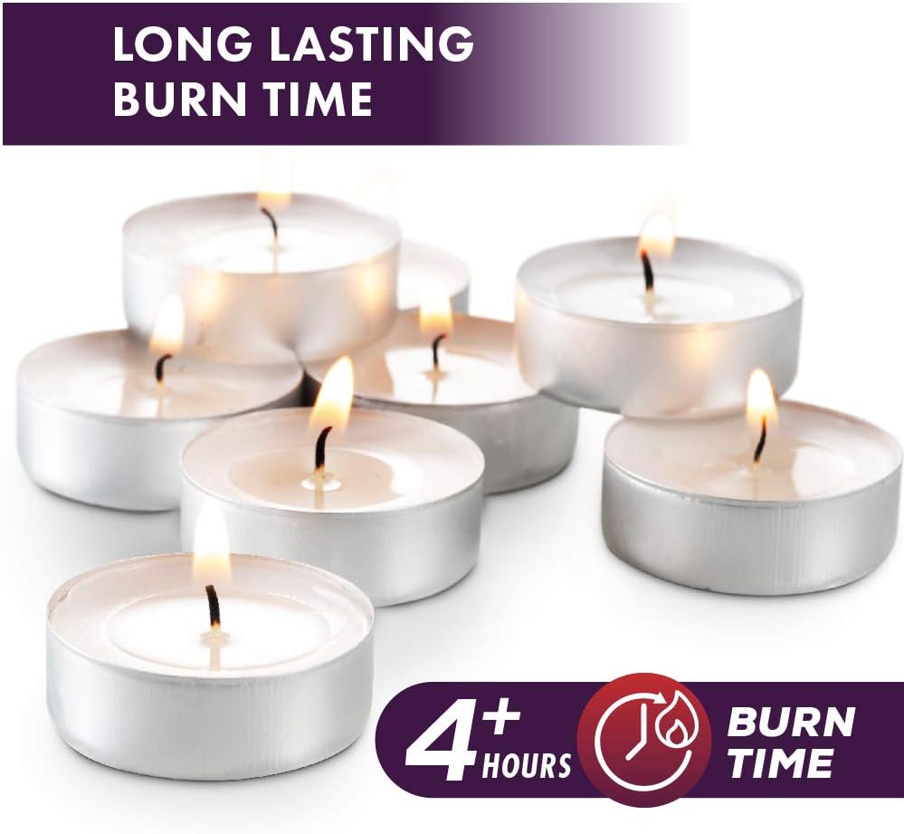 MontoPack Mini Tealight Candles in Bulk | 100 White, Small Votive Smokeless, Dripless  Long Lasting Paraffin Candles | for Home, Pool, Shabbat, Weddings  Emergencies, Unscented