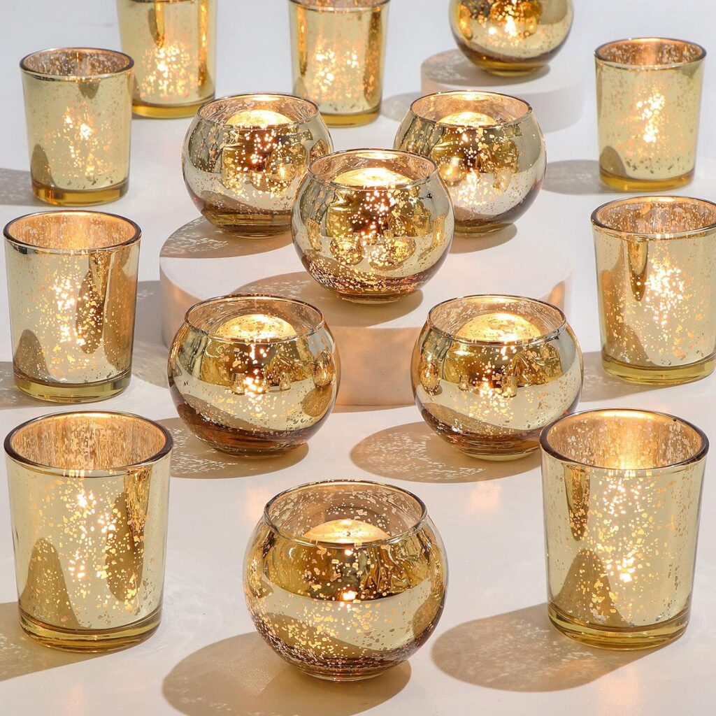 DEVI 24pcs Assorted Gold Votive Candle Holders, Mercury Glass Candle Holder, Gold Wedding Centerpieces for Tables, Gold Bridal Shower Party Diwali Table Decorations DEVI 24pcs Assorted Gold Votive Candle Holders, Mercury Glass Candle Holder, Gold Wedding Centerpieces for Tables, Gold Bridal Shower Party Diwali Table Decorations