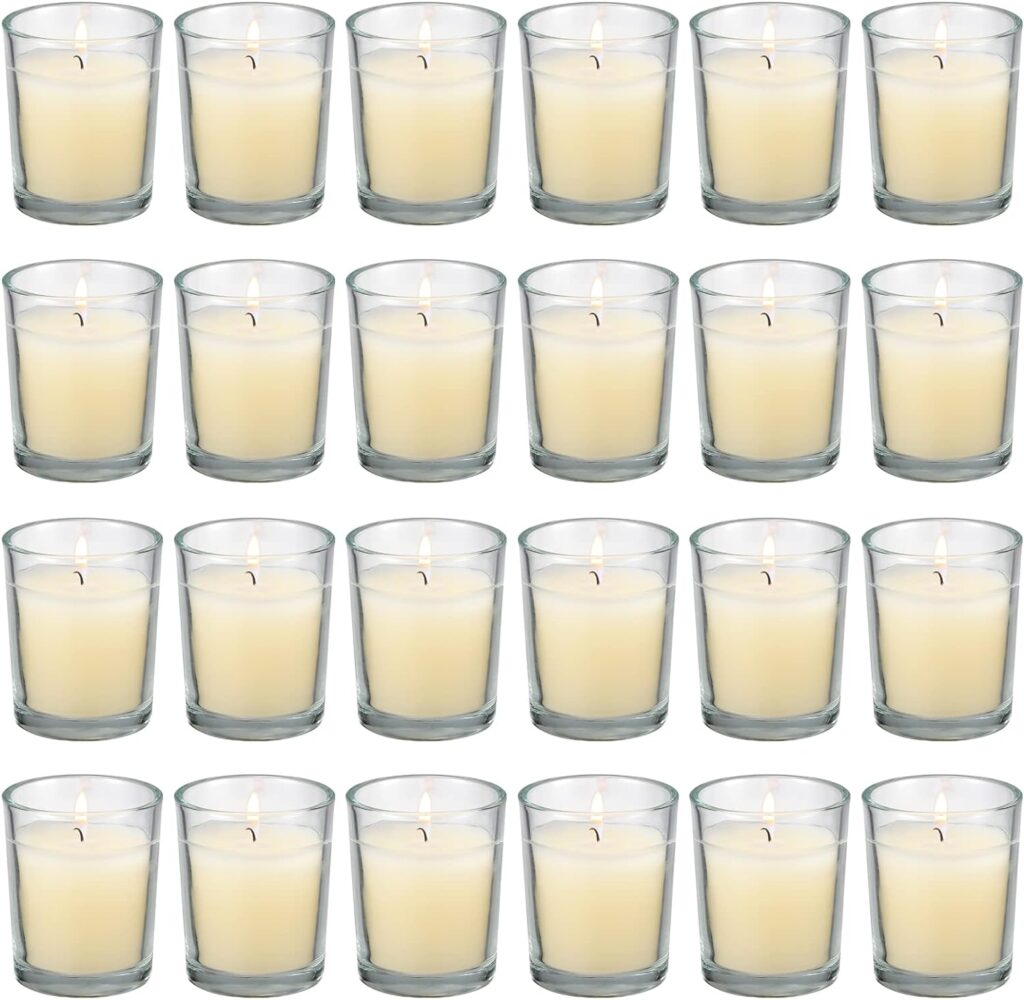 flamecan 24 Pack Clear Glass Filled Ivory Votive Candles. Unscented Votive Candles for Home Décor Spa Weddings Birthdays Holidays Party