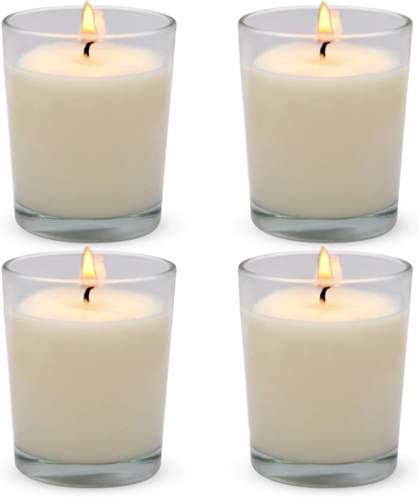 Set of 4 White Votive Candles, Clear Glass Filled Unscented Soy Wax Candle for Home Décor Weddings Spa Holidays Party and DIY Set of 4 White Votive Candles, Clear Glass Filled Unscented Soy Wax Candle for Home Décor Weddings Spa Holidays Party and DIY