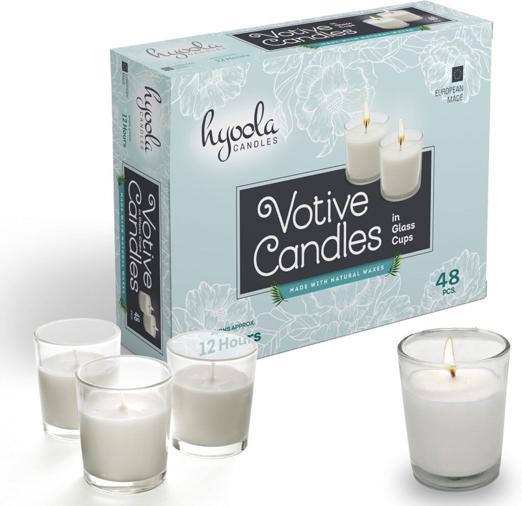 Hyoola White Votive Candles in Glass - Pack of 12 Votive Candle - 12 Hour Burn Time - Unscented Votive Candles - European Made Glass Votives Hyoola White Votive Candles in Glass - Pack of 12 Votive Candle - 12 Hour Burn Time - Unscented Votive Candles - European Made Glass Votives